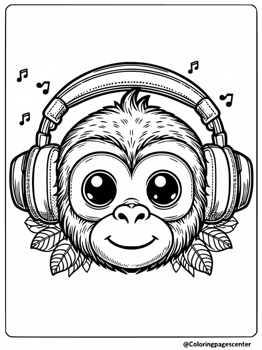 Coloring page of a monkey face with headphones and music