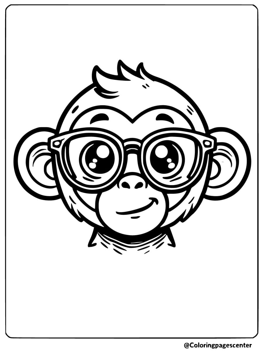 Coloring page of a nerdy monkey face with glasses