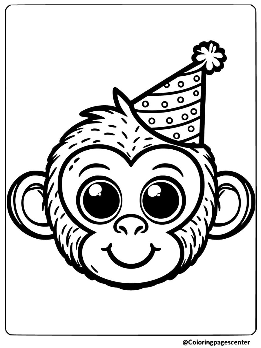 Coloring page of a monkey face wearing a party hat