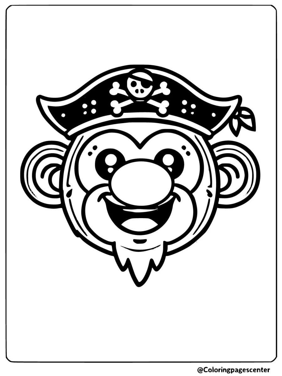 Coloring page of a pirate monkey face with hat