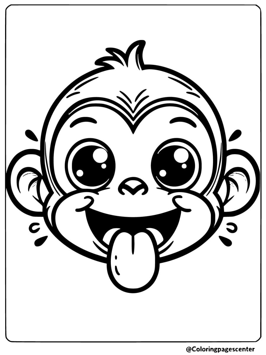 Coloring page of a playful monkey face sticking out tongue