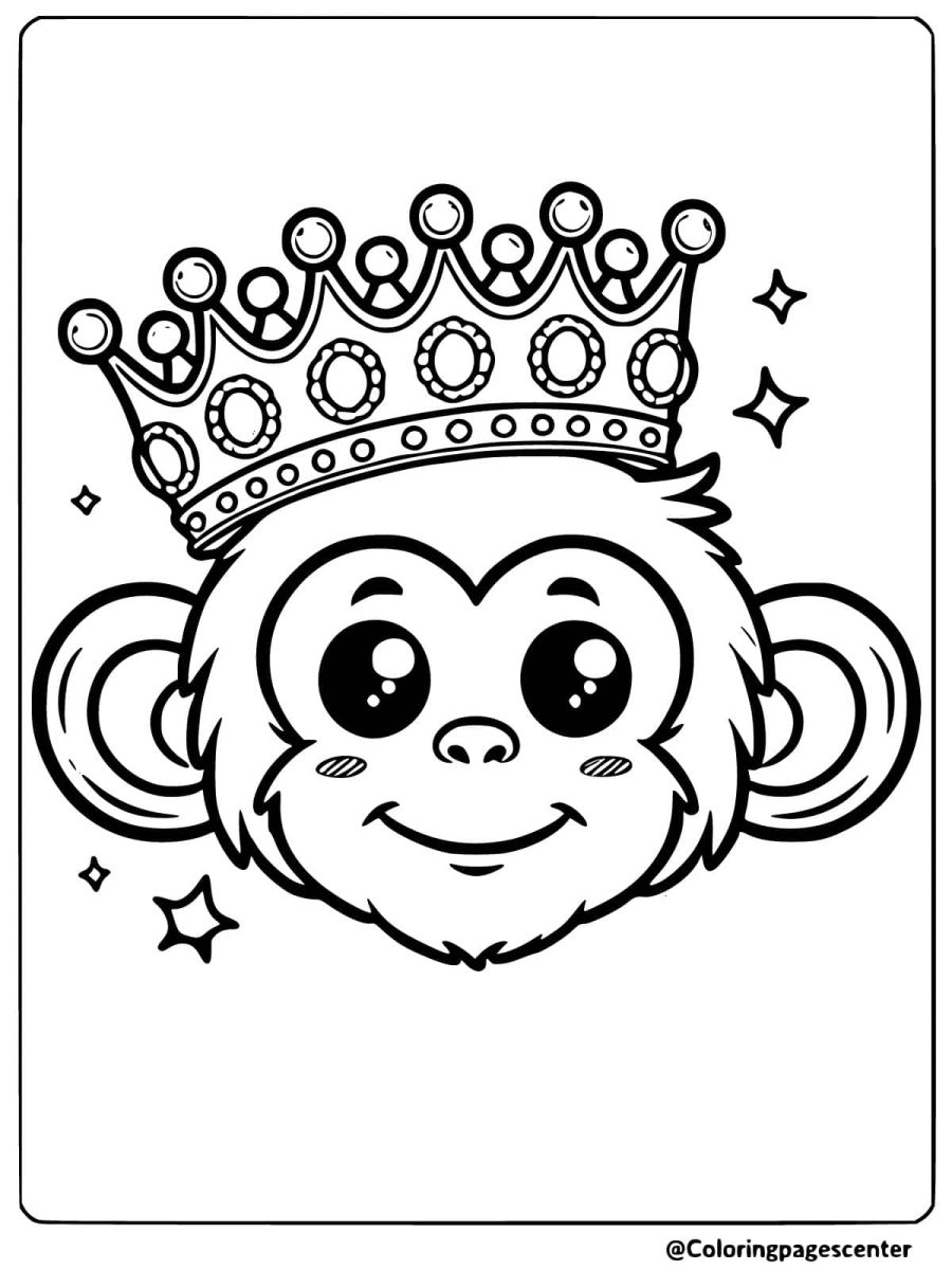 Coloring page of a royal monkey face with a crown