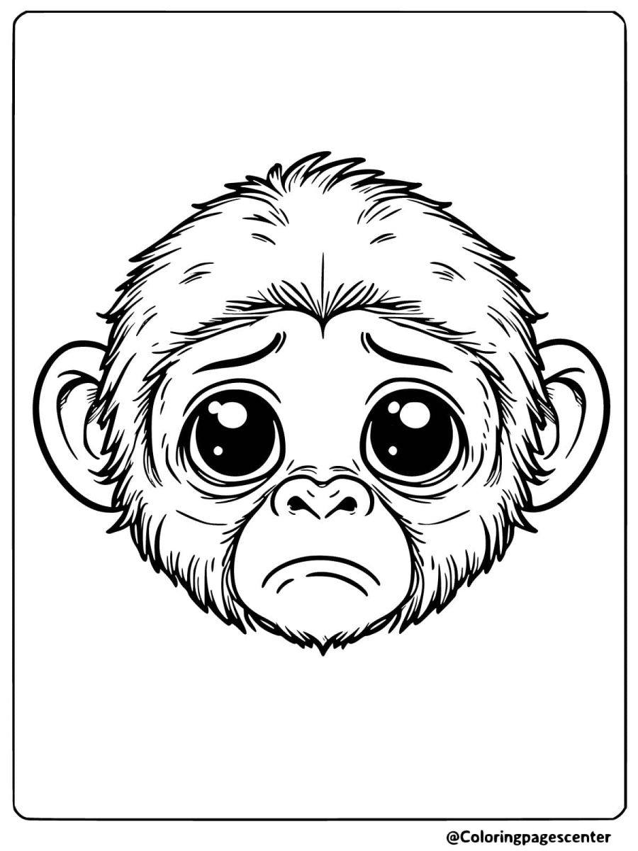 Coloring page of a sad monkey face with big eyes