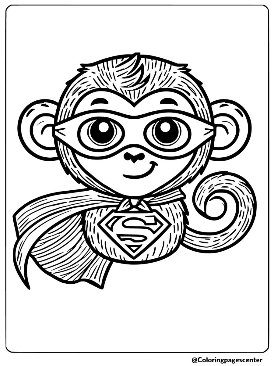 Coloring page of a superhero monkey face with a mask