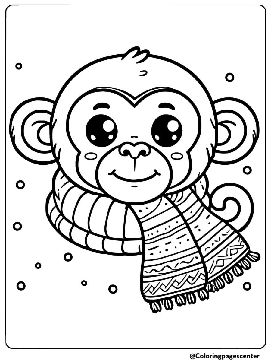 Coloring page of a winter monkey face with a scarf