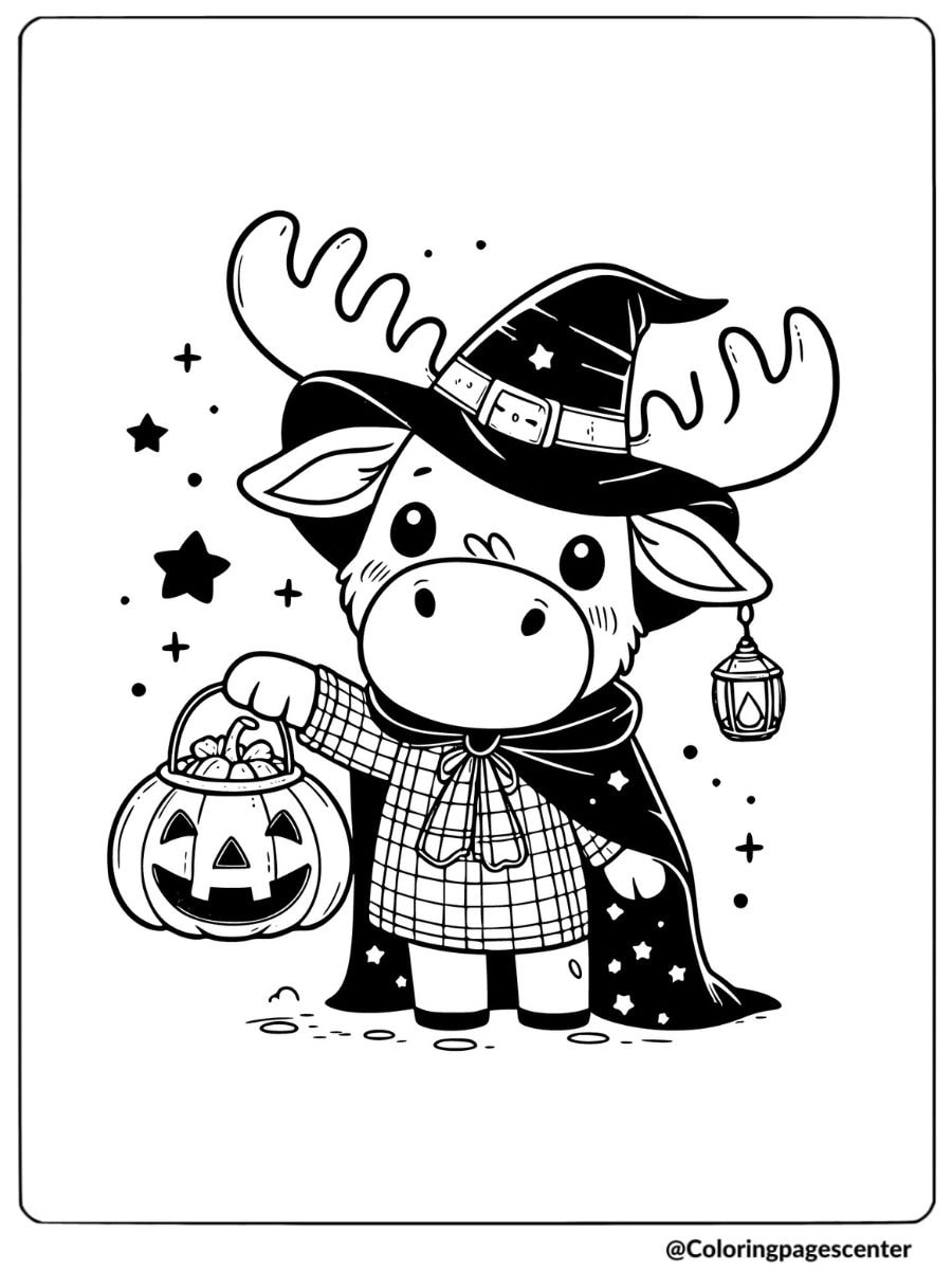 Baby moose in a Halloween outfit with a pumpkin bucket coloring page