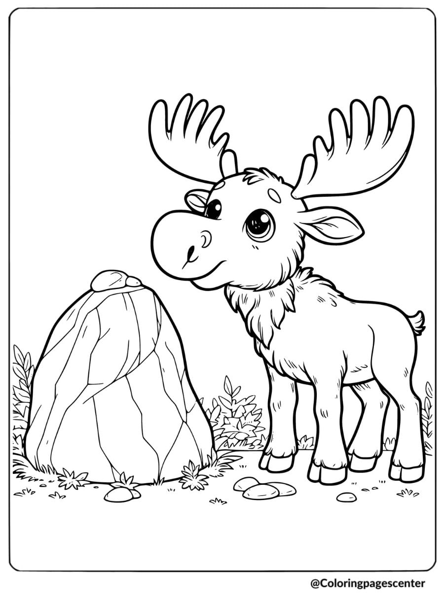 Cute baby moose next to a large rock coloring page