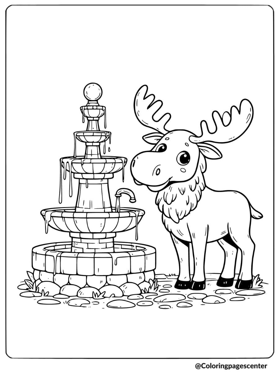 Baby moose standing by a stone water fountain coloring page