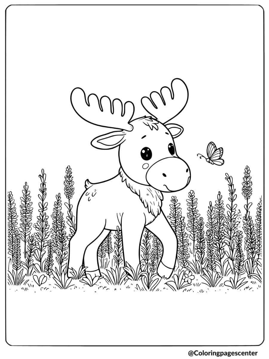 Baby moose walking among tall grasses and wildflowers coloring page