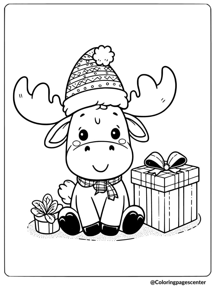 Baby moose wearing a festive Christmas hat with presents coloring page