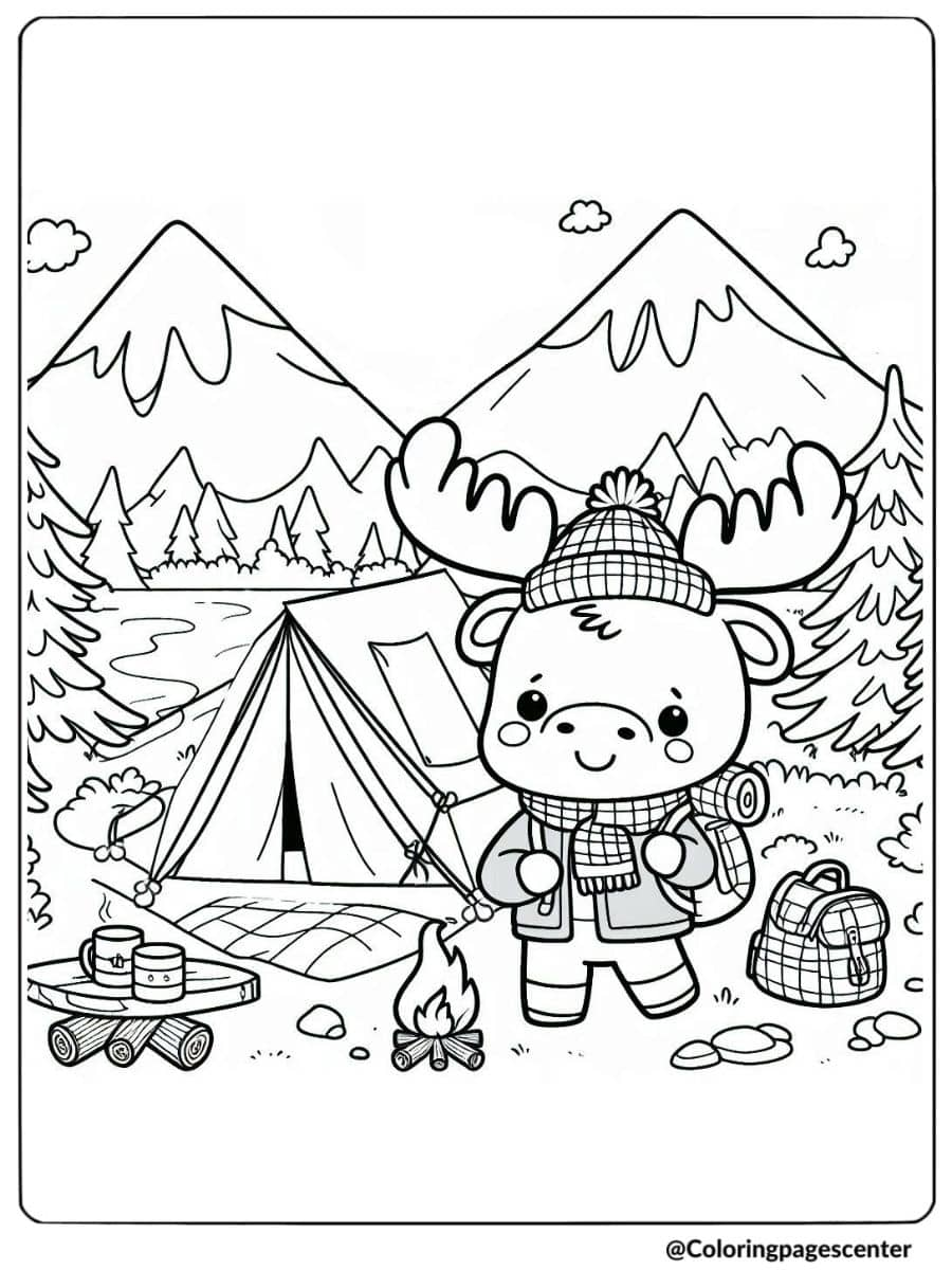 Cute moose with backpack camping by a tent in the mountains coloring page