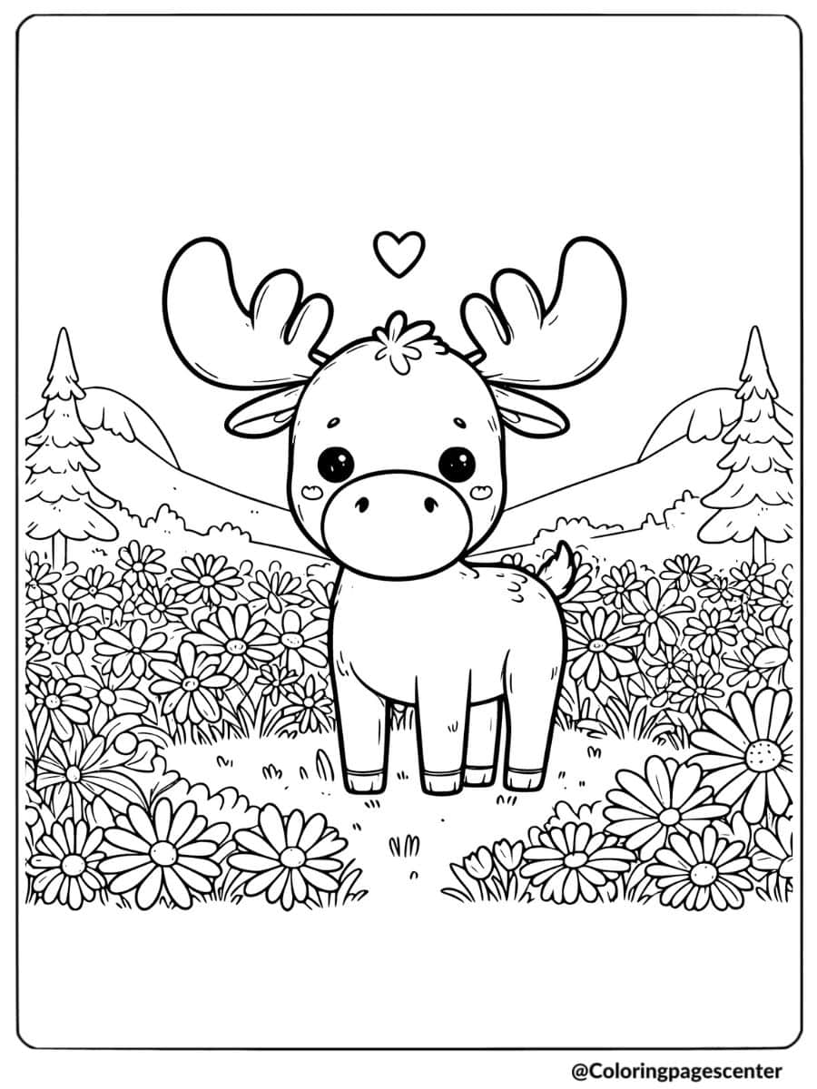 Cute moose surrounded by flowers in a field with a heart coloring page