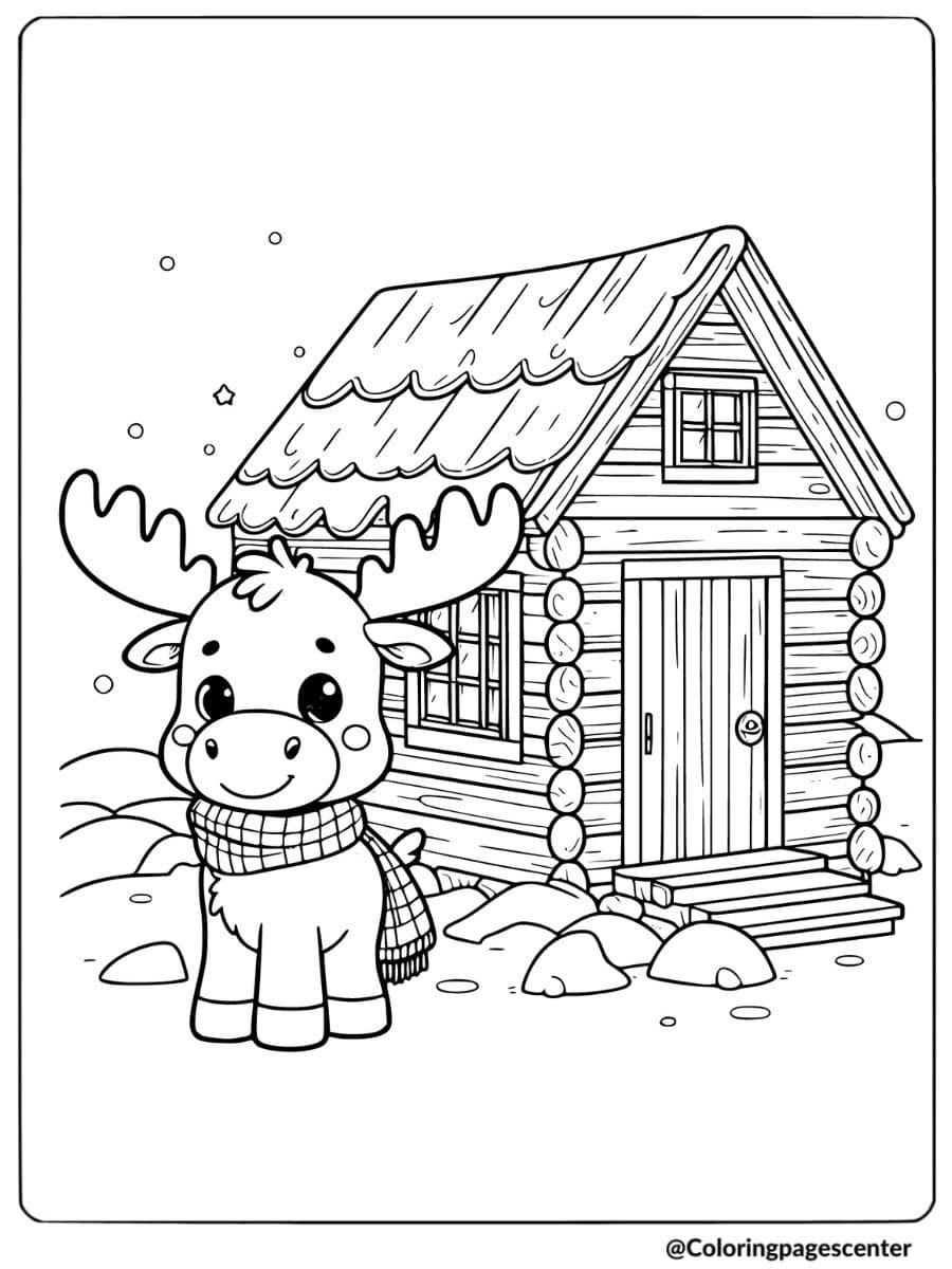 Cute moose standing outside a cozy cabin coloring page