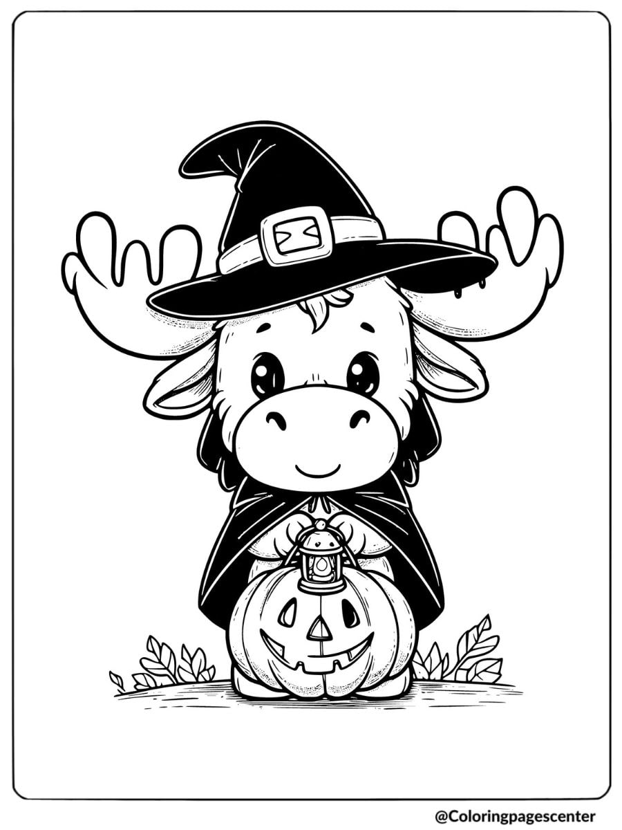 Cute moose dressed as a witch holding a pumpkin coloring page