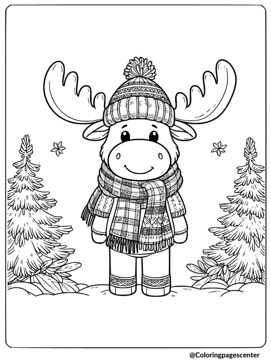 Cute moose in winter outfit standing between snowy trees coloring page