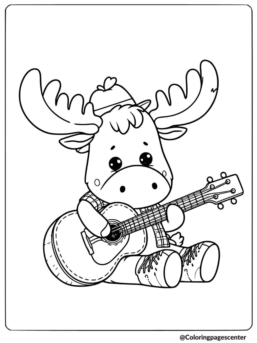 Cute moose sitting and playing guitar music coloring page