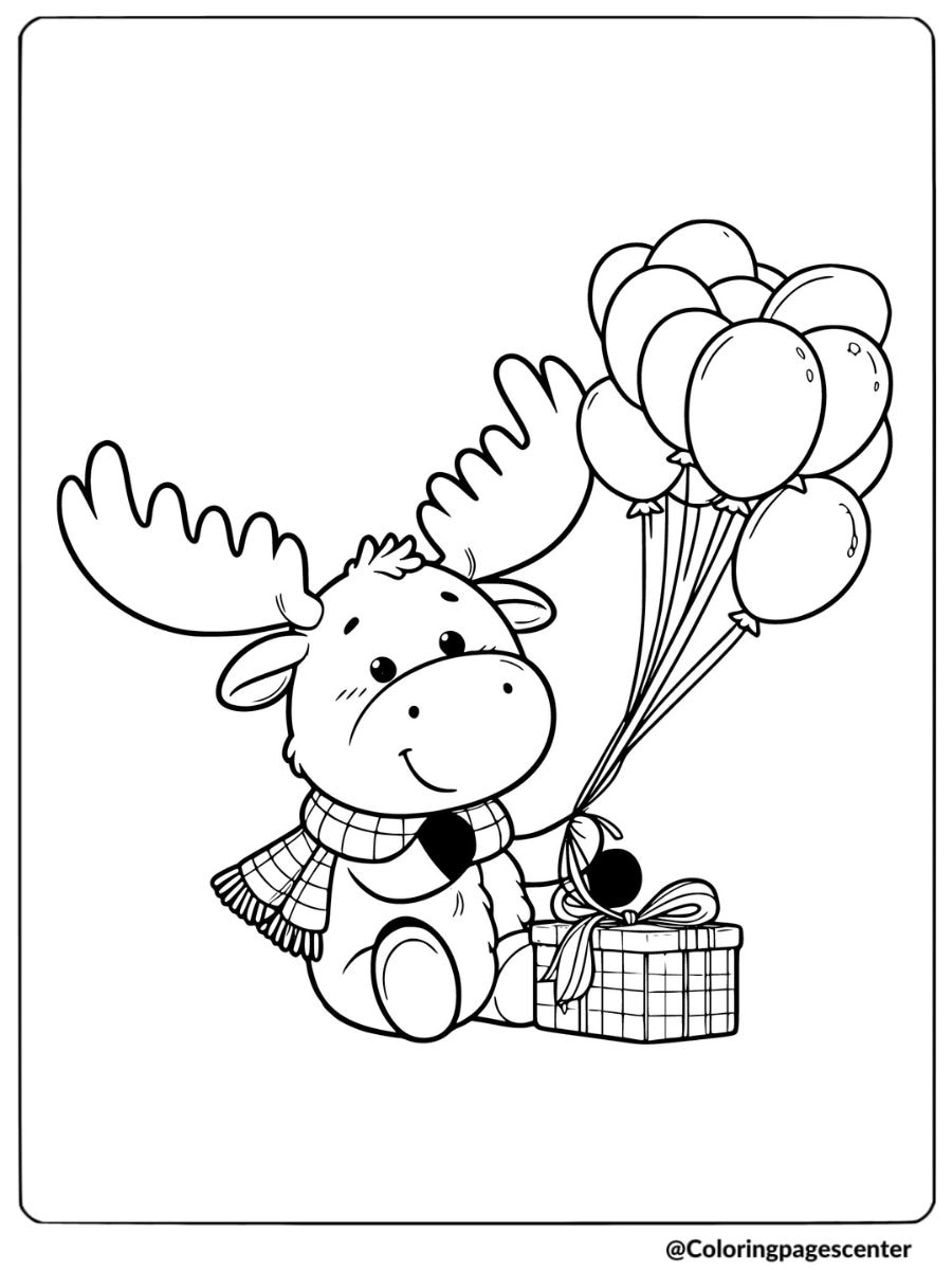 Cute moose holding balloons with a gift box coloring page