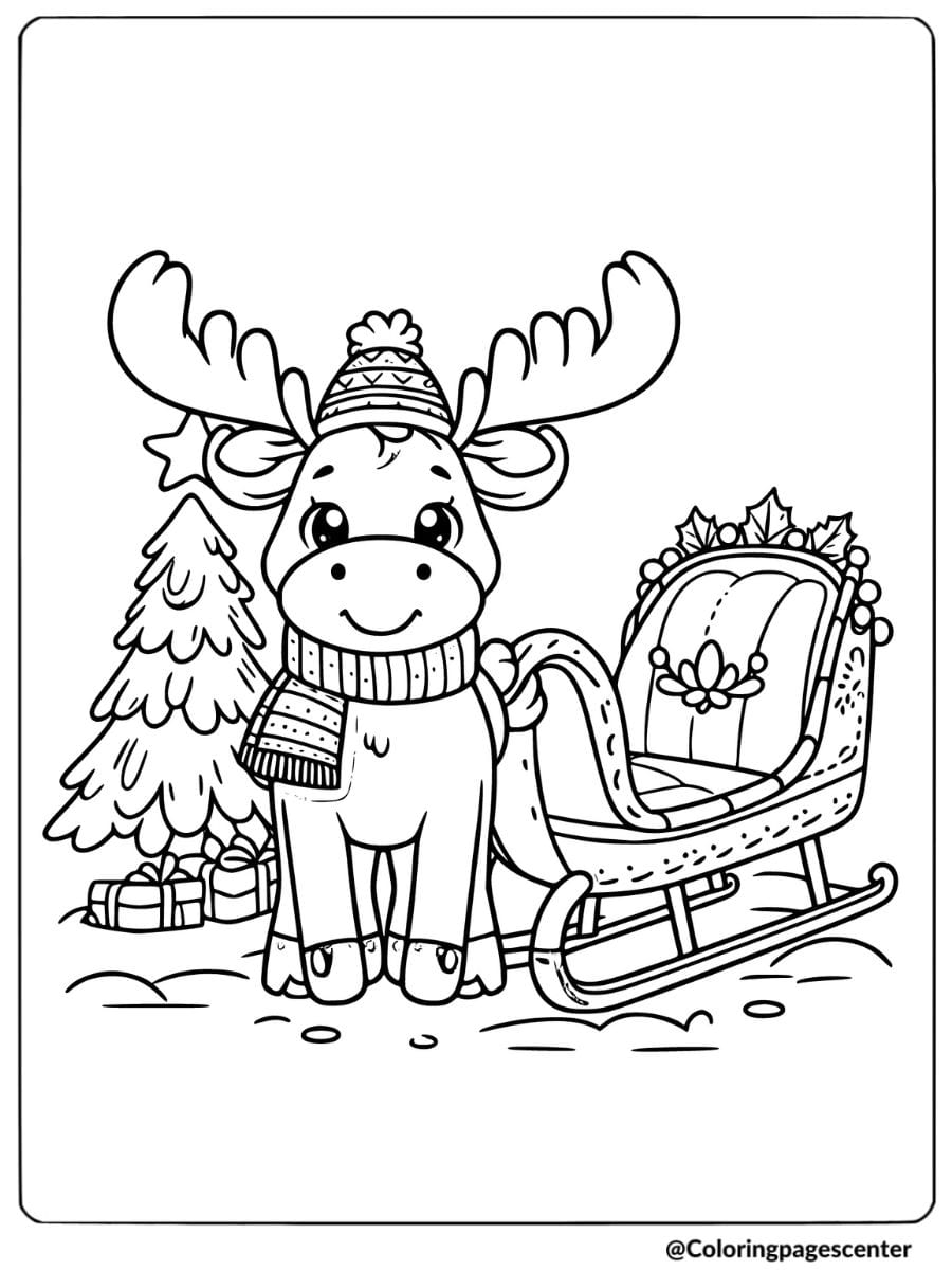 Cute moose pulling a sled near Christmas tree in winter coloring page