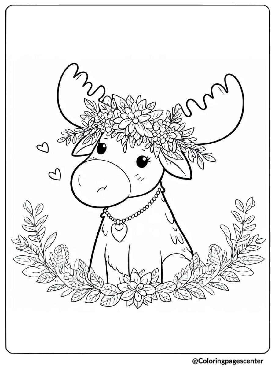 Adorable moose wearing a floral crown coloring page