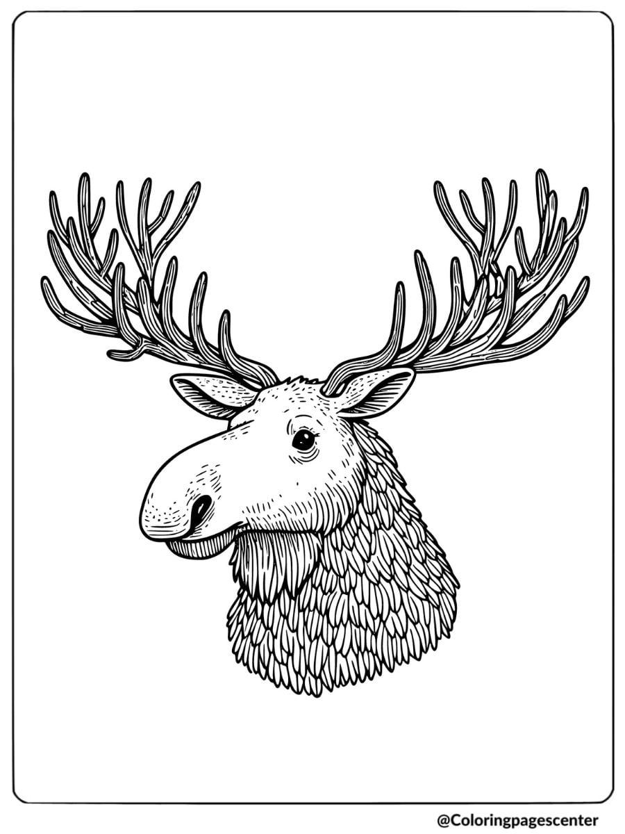 Close-up of a moose's head with detailed antlers coloring page