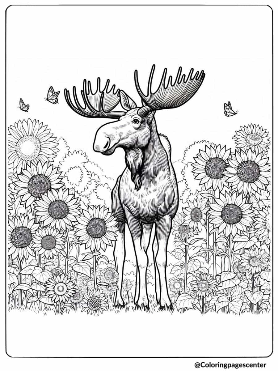 Moose standing in a field of blooming sunflowers coloring page