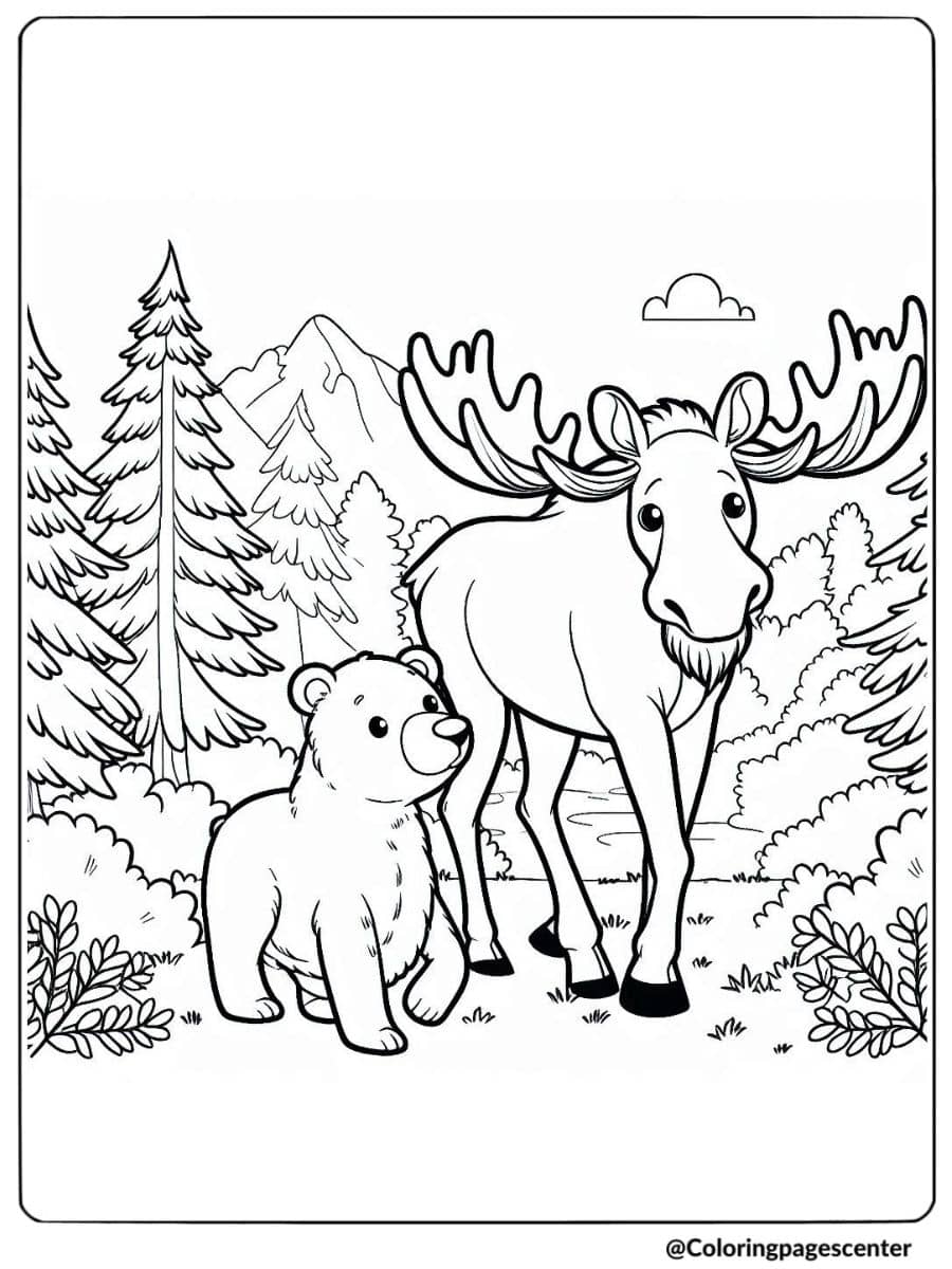 Moose walking with a bear cub in a forest scene coloring page