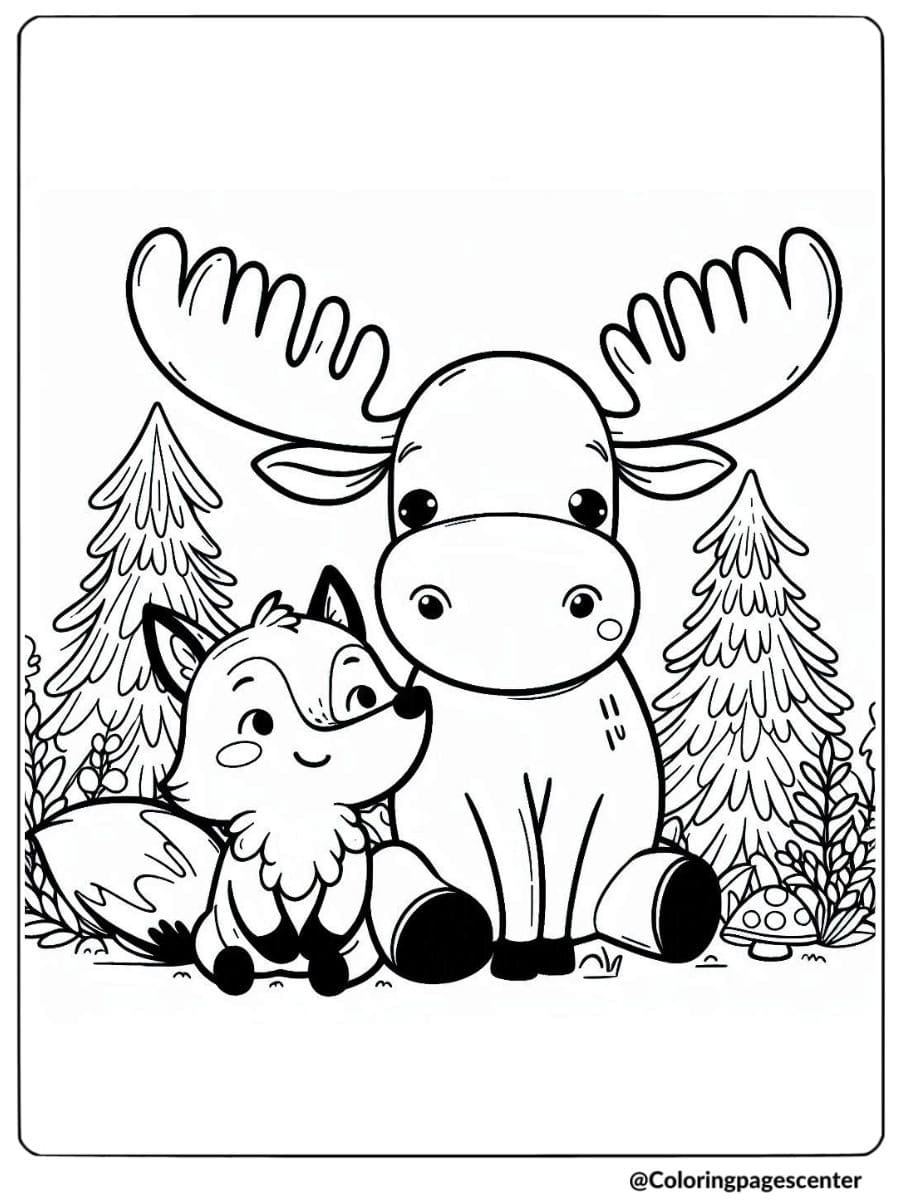 Moose and a friendly fox in a forest setting coloring page