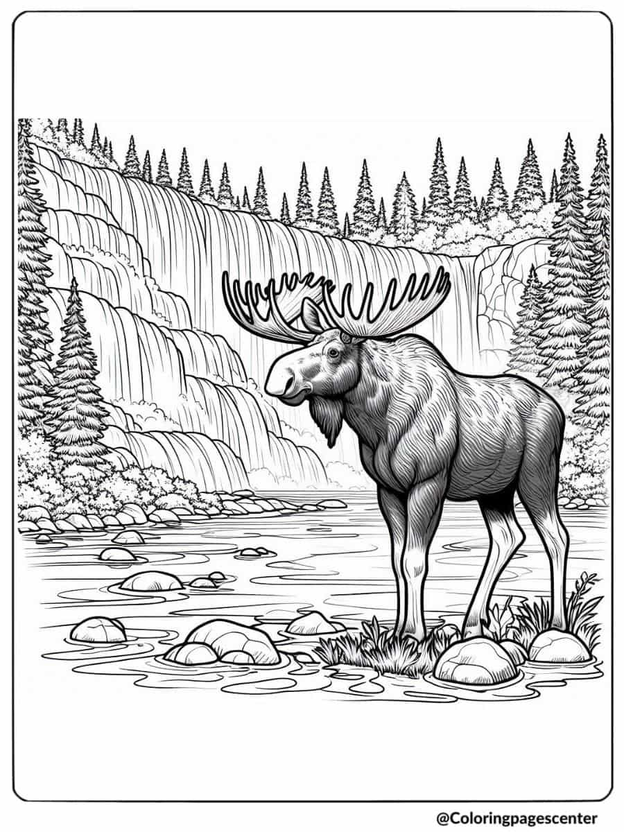 Moose beside a large waterfall with trees coloring page