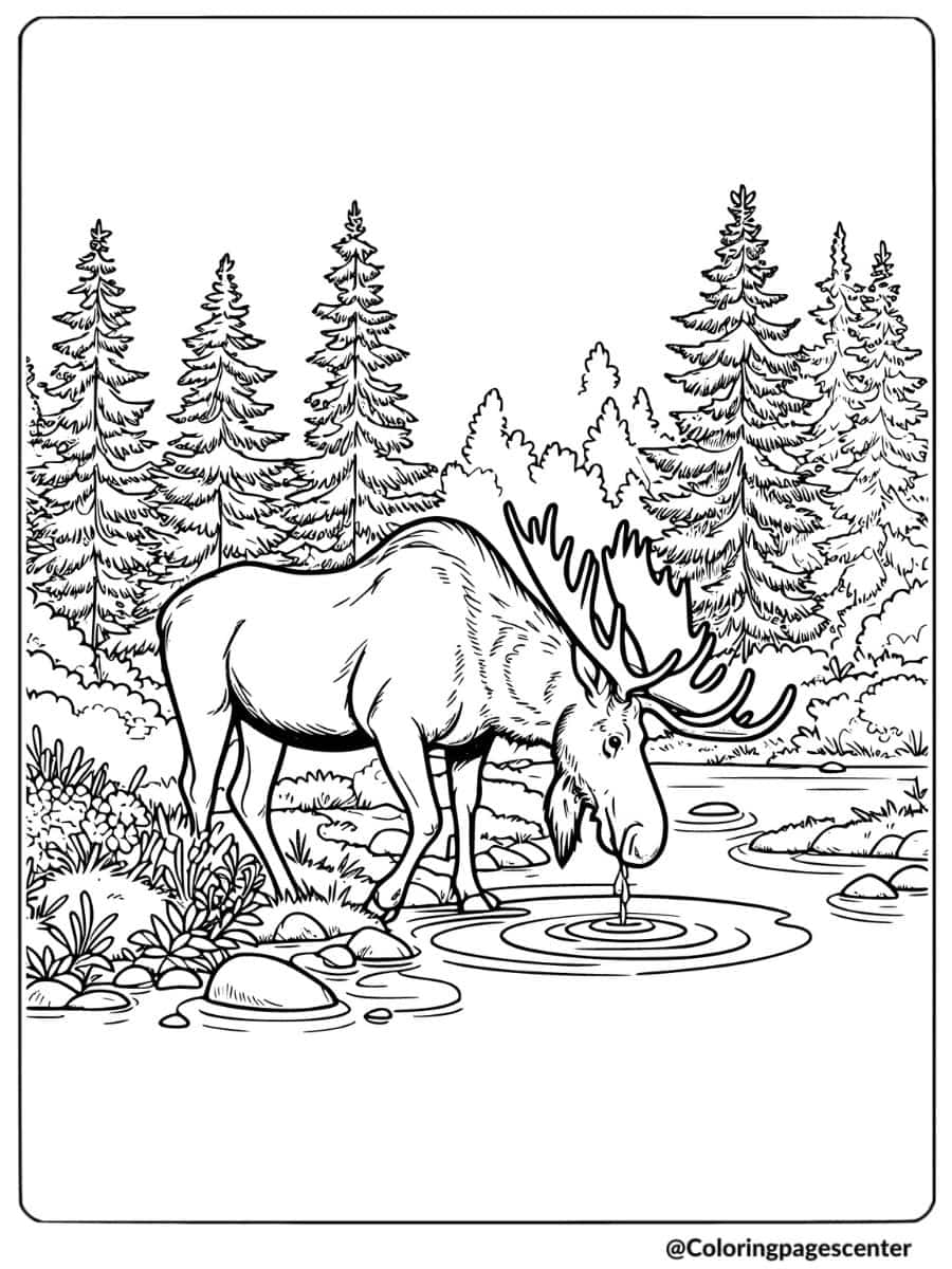 Moose drinking water from a calm forest stream coloring page