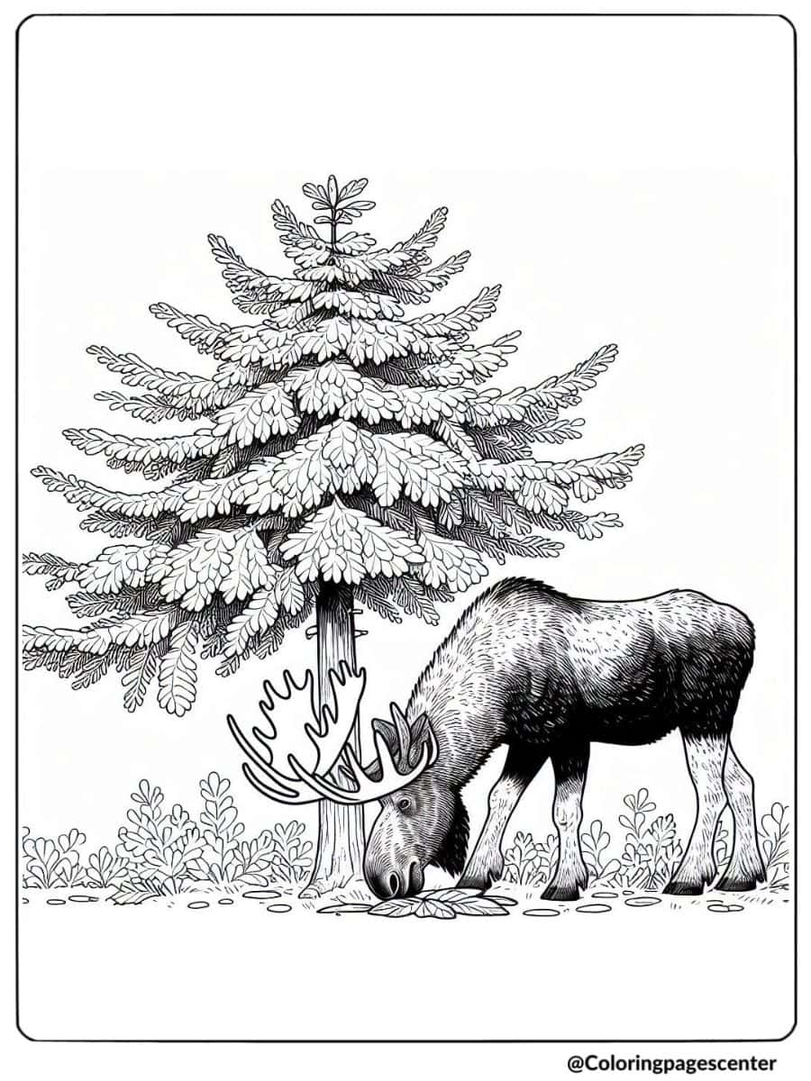 Moose eating near a tall tree in a natural setting coloring page