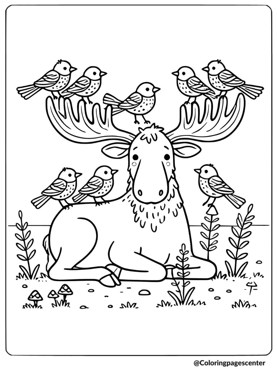 Moose lying down with birds perched on its antlers coloring page