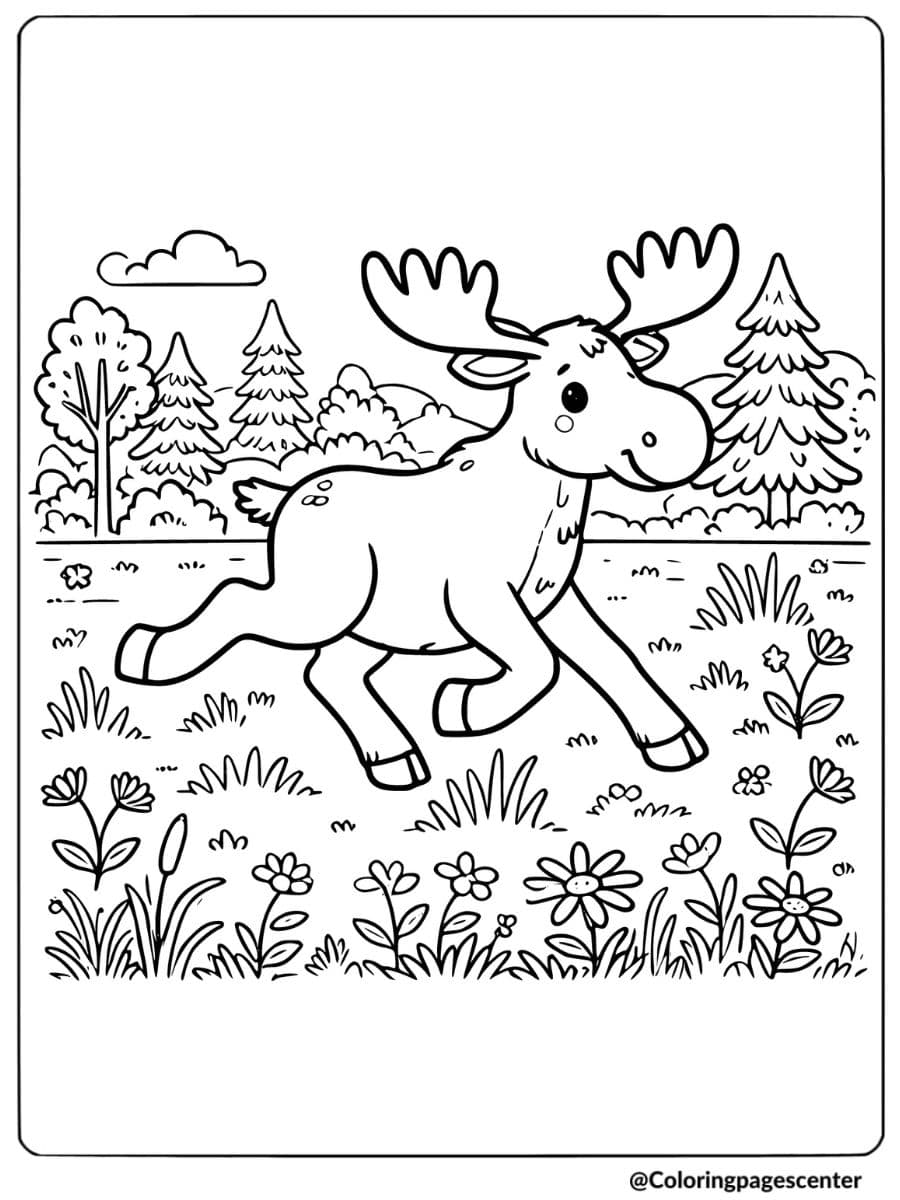 Moose joyfully running across a flower-filled meadow coloring page