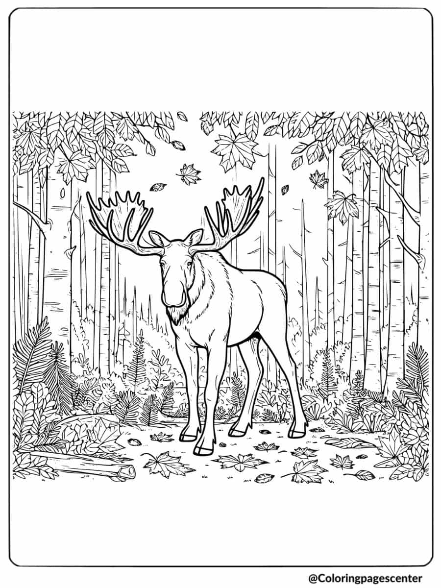 Moose in a forest with leaves falling around coloring page