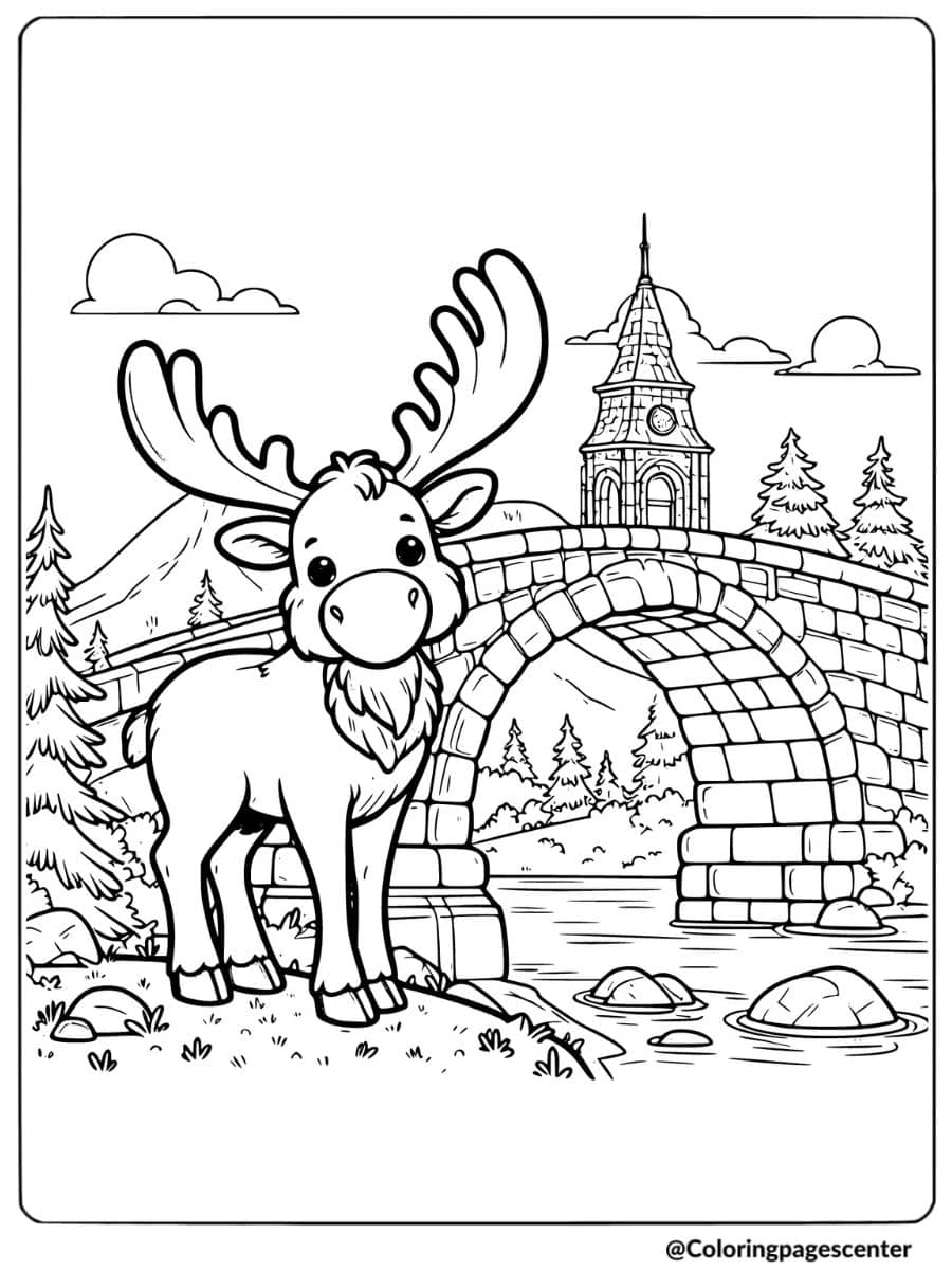 Moose in front of a scenic stone bridge coloring page