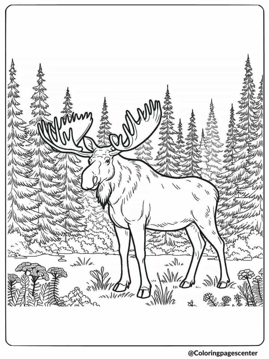 Moose standing tall in a thick forest coloring page