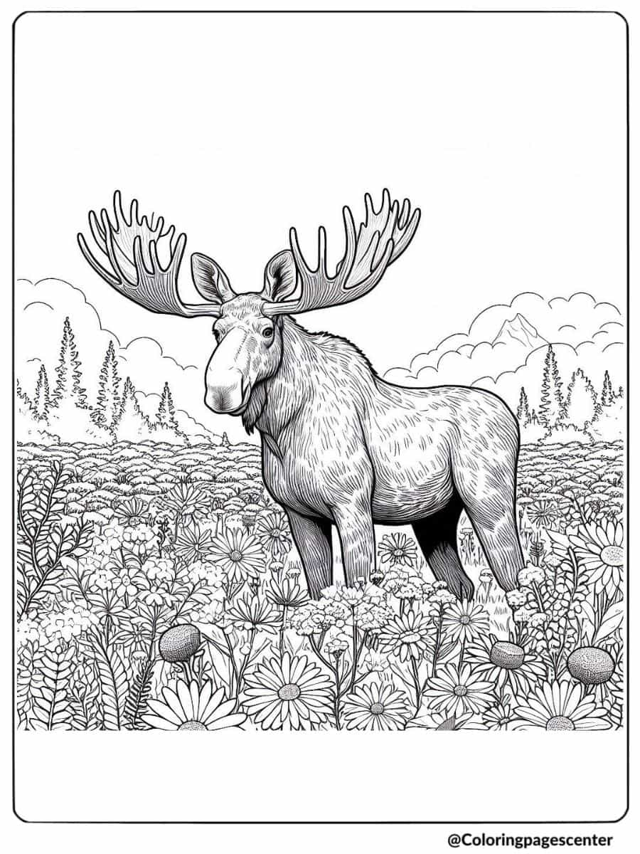 Moose surrounded by wildflowers in a peaceful field coloring page