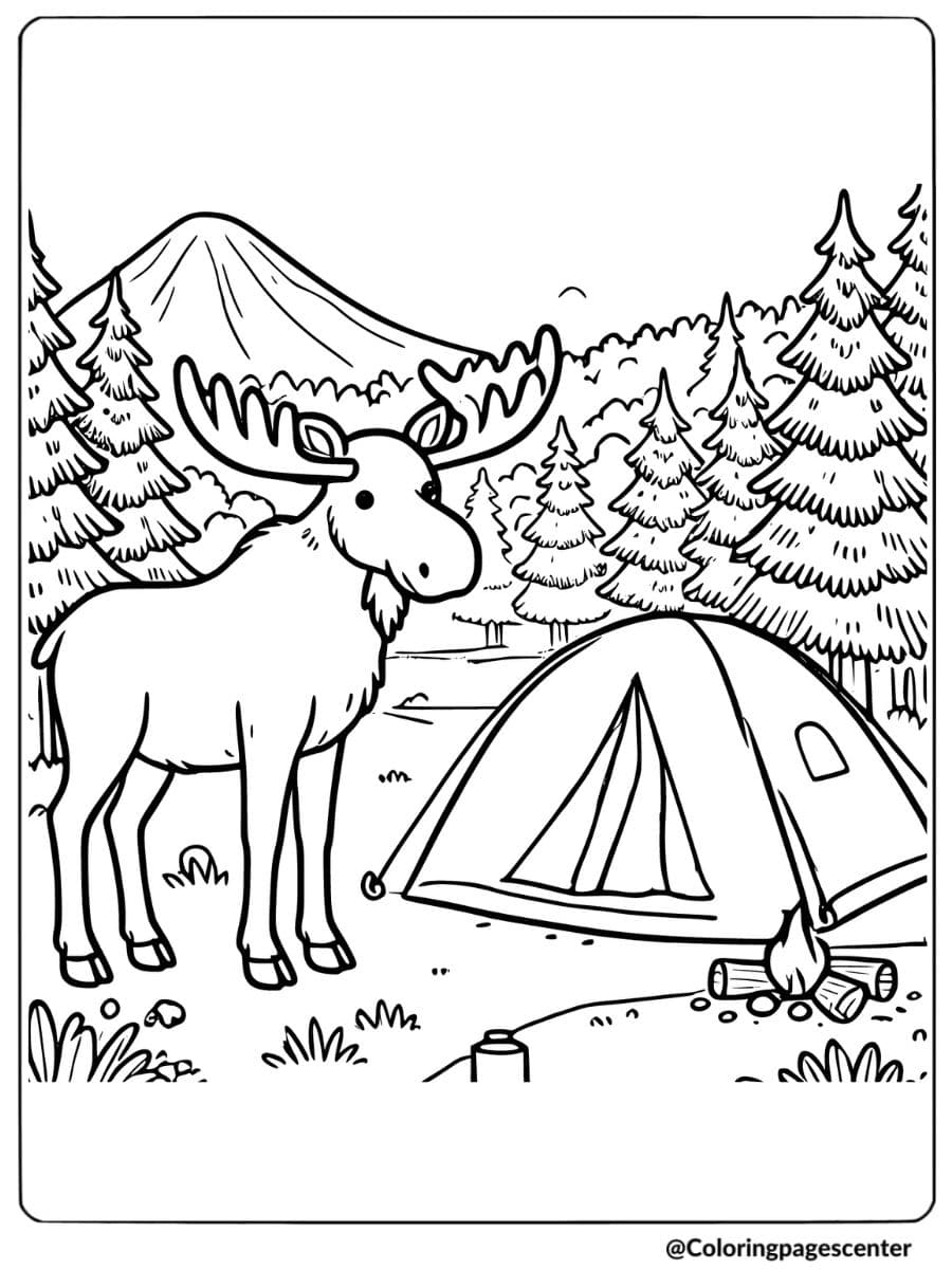 Moose next to a camping tent in a forested area coloring page