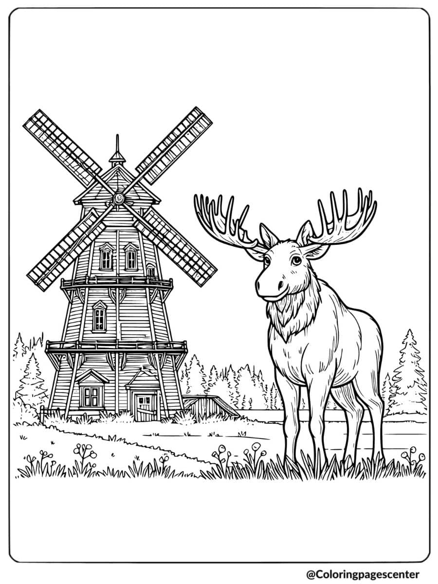 Moose standing near a large wooden windmill coloring page