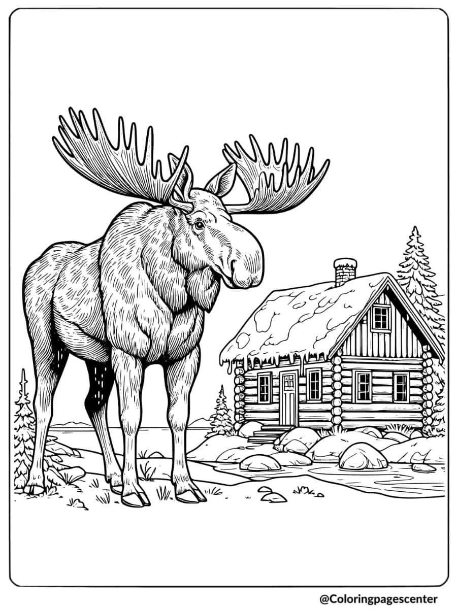 Moose standing proudly by a snowy log cabin coloring page