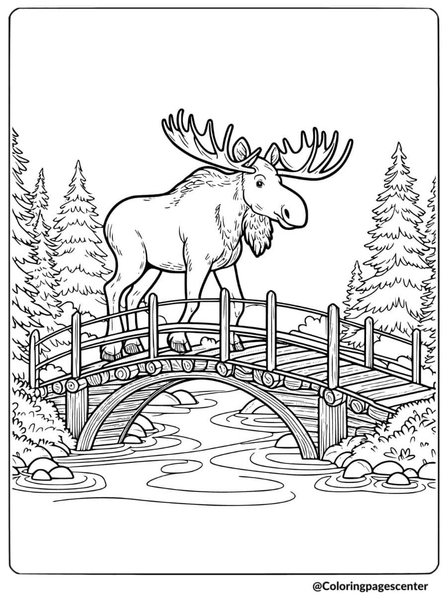 Moose standing proudly on a wooden bridge coloring page