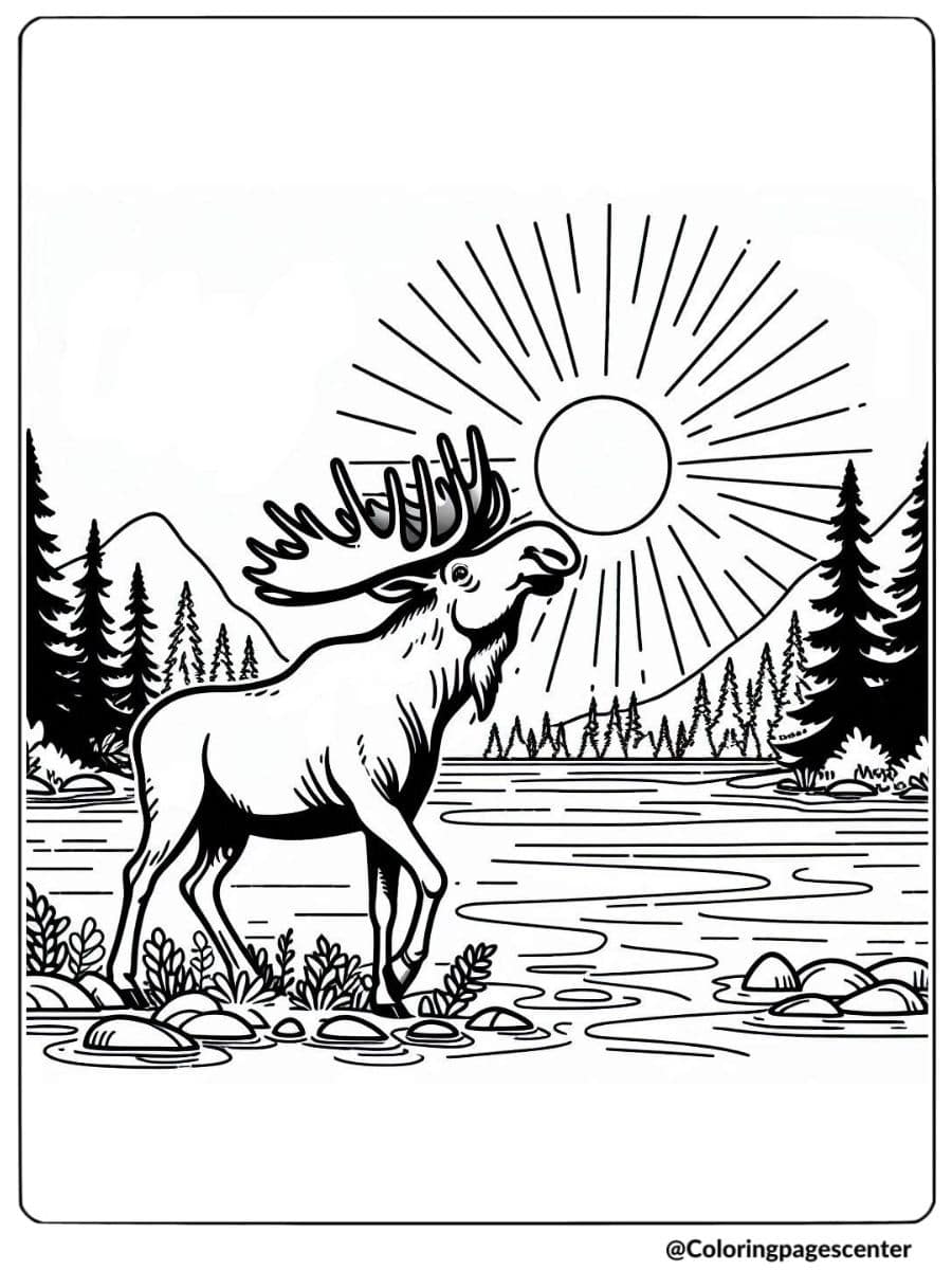 Moose walking near a lake with a beautiful sunrise coloring page