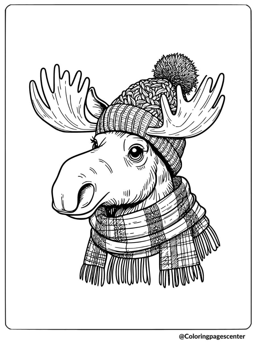 Moose dressed warmly with a hat and scarf coloring page