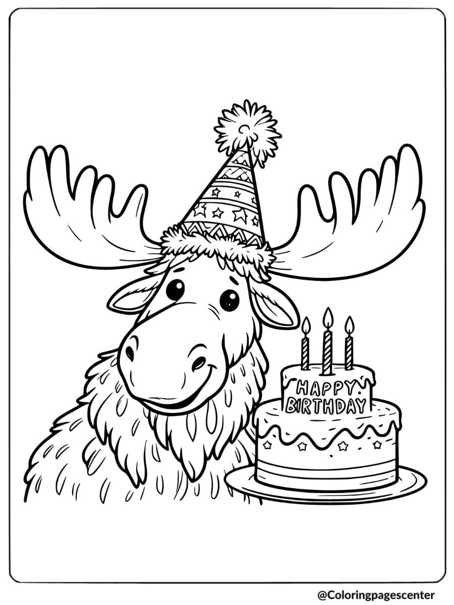 Moose celebrating with a birthday hat and cake coloring page