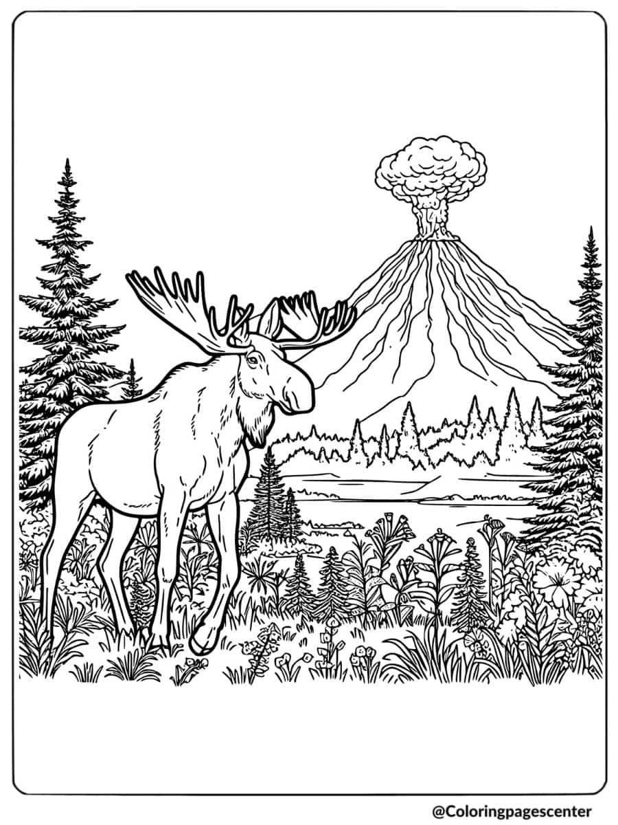 Moose with an erupting volcano in the distance coloring page