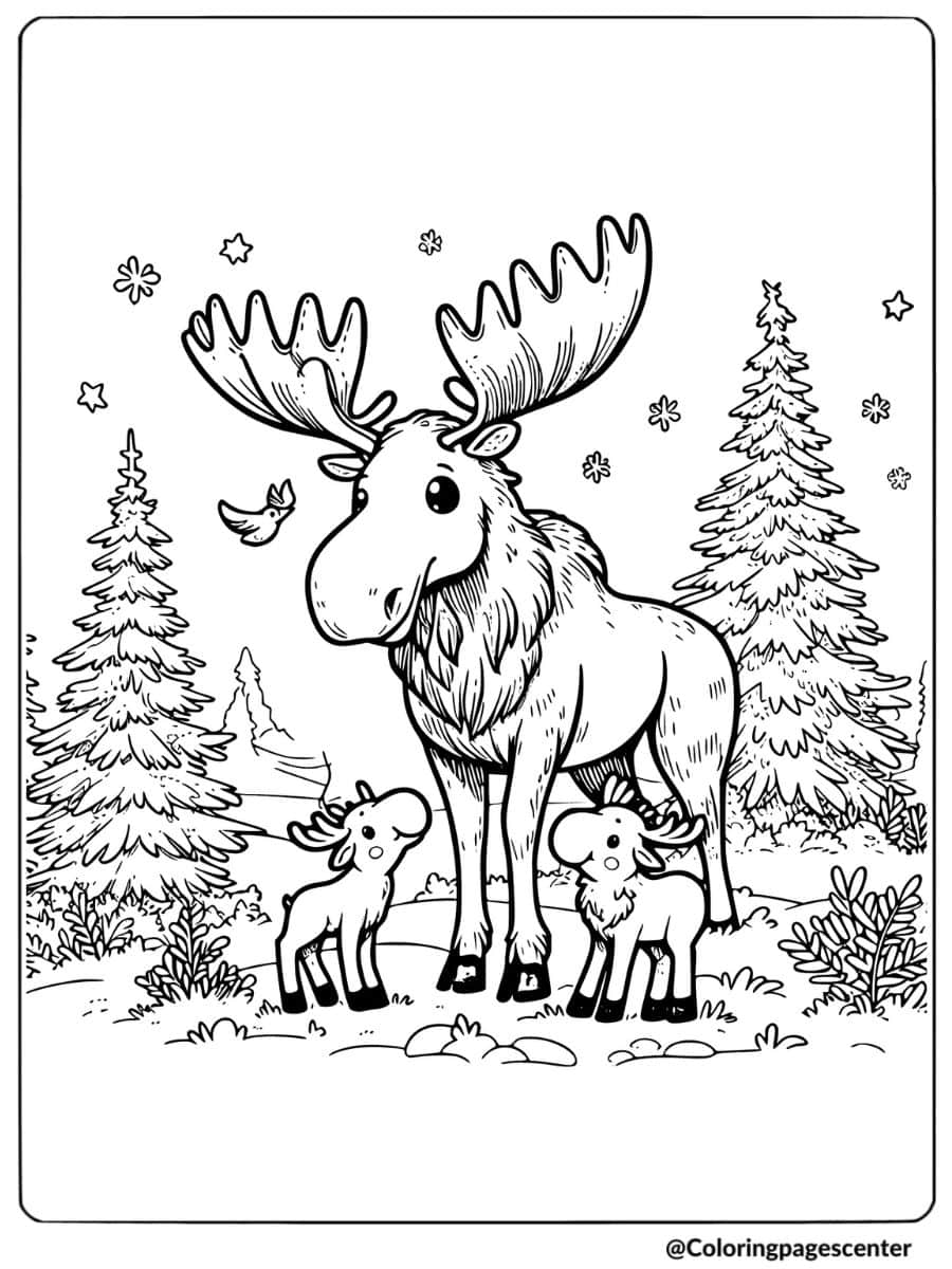 Moose with two calves and birds around them coloring page