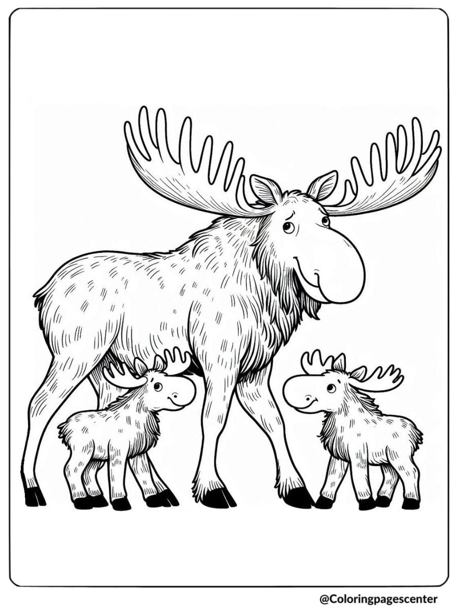 Mother moose with her two calves walking together coloring page