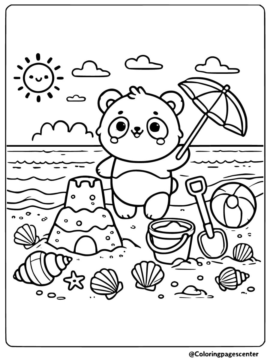 Coloring page of a cute baby panda playing by the beach with a sandcastle