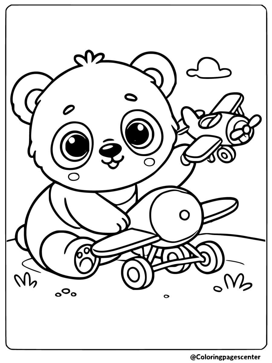 Coloring page of a baby panda enjoying a toy airplane outdoors