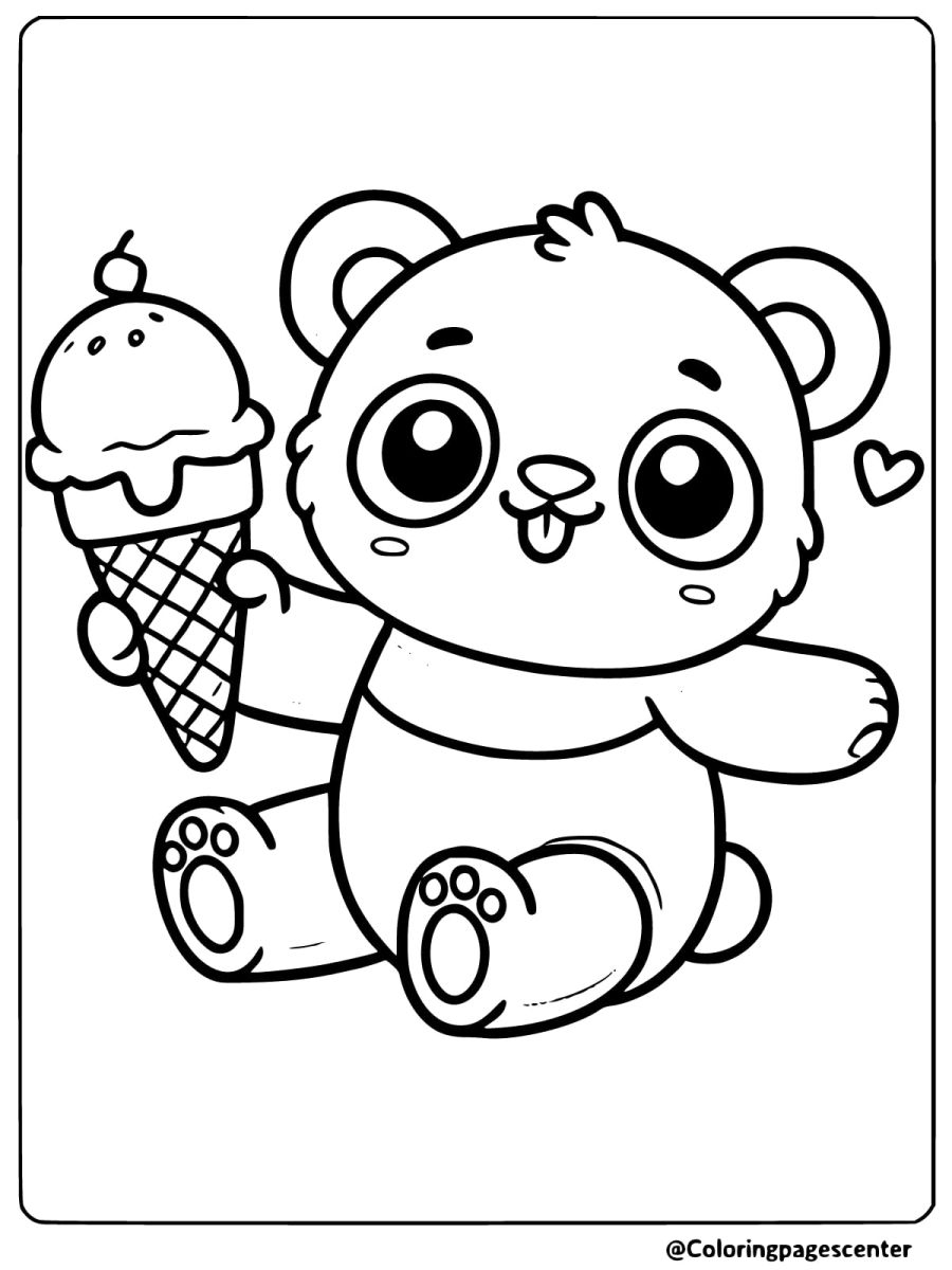 Coloring page of a baby panda happily holding an ice cream cone