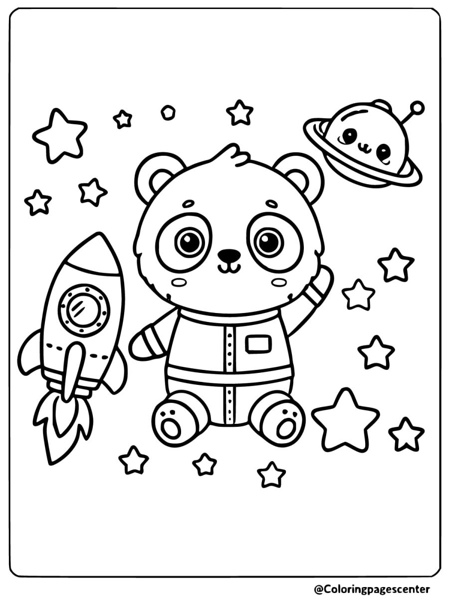 Coloring page of a baby panda in a spacesuit floating among stars